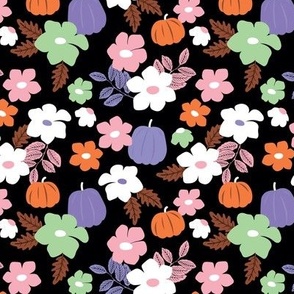 Color Spell - Halloween Pumpkin Harvest garden leaves and flowers colorful floral for autumn purple pink green on black