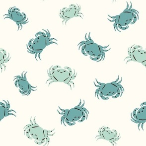 Whimsical Beach Buddies: Blueish Green Crabs on a White Smoke Background