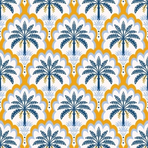 Palm tree scallops/textured blue and orange/medium
