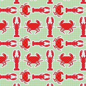 Crabs and Lobsters, Bold Pop Art Maximalism Pattern, Clash of Patterns: Houndstooth, Polka Dots and Checkerboard