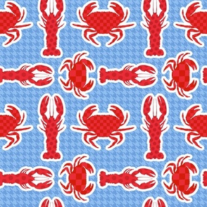 Crabs and Lobsters, Bold Pop Art Maximalism Pattern, Clash of Patterns: Houndstooth, Polka Dots and Checkerboard