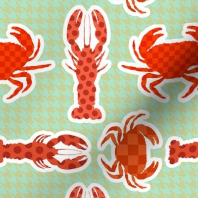 Crabs and Lobsters, Bold Pop Art Maximalism Pattern, Clash of Patterns: Houndstooth, Polka Dots and Checkerboard