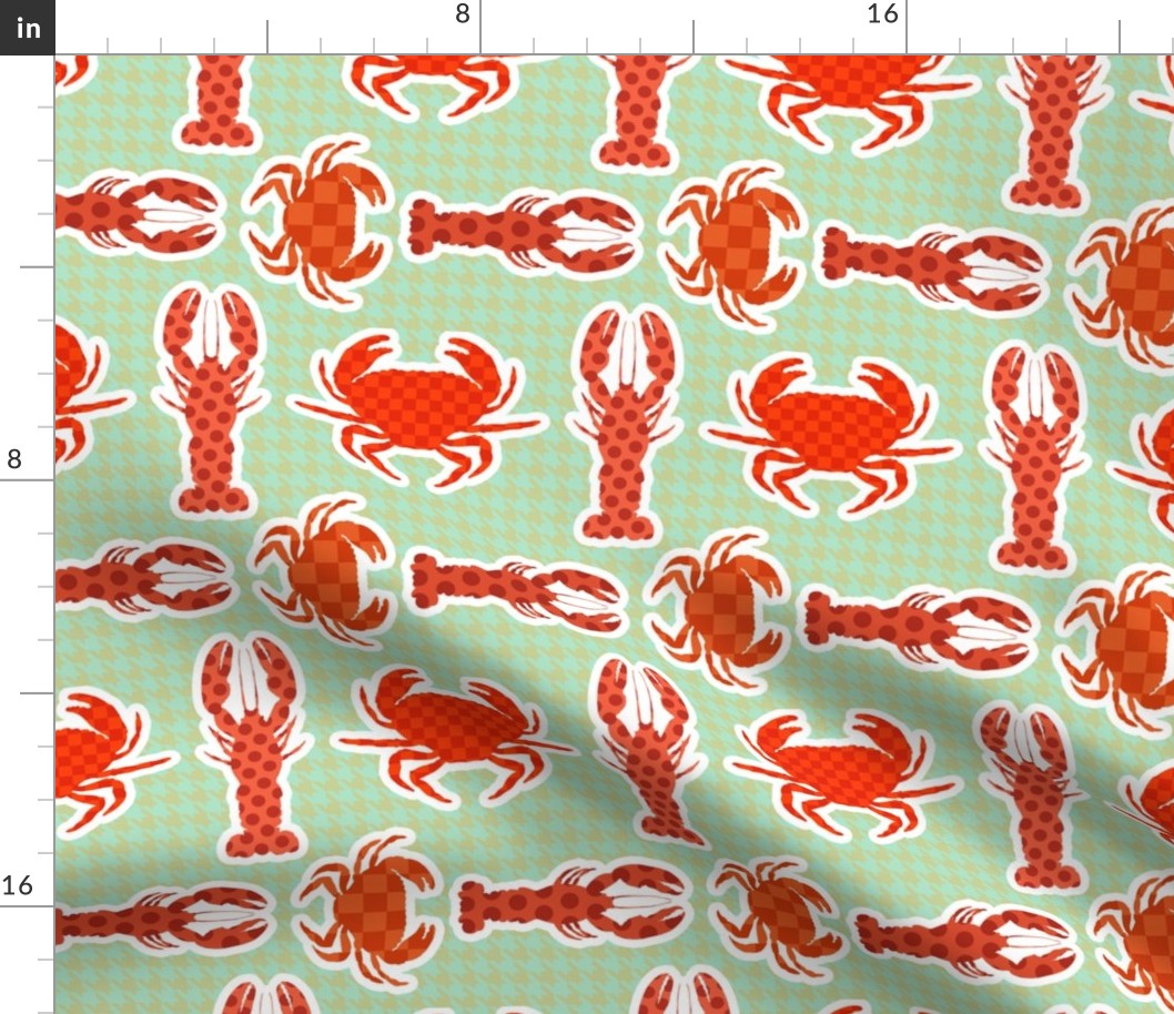 Crabs and Lobsters, Bold Pop Art Maximalism Pattern, Clash of Patterns: Houndstooth, Polka Dots and Checkerboard