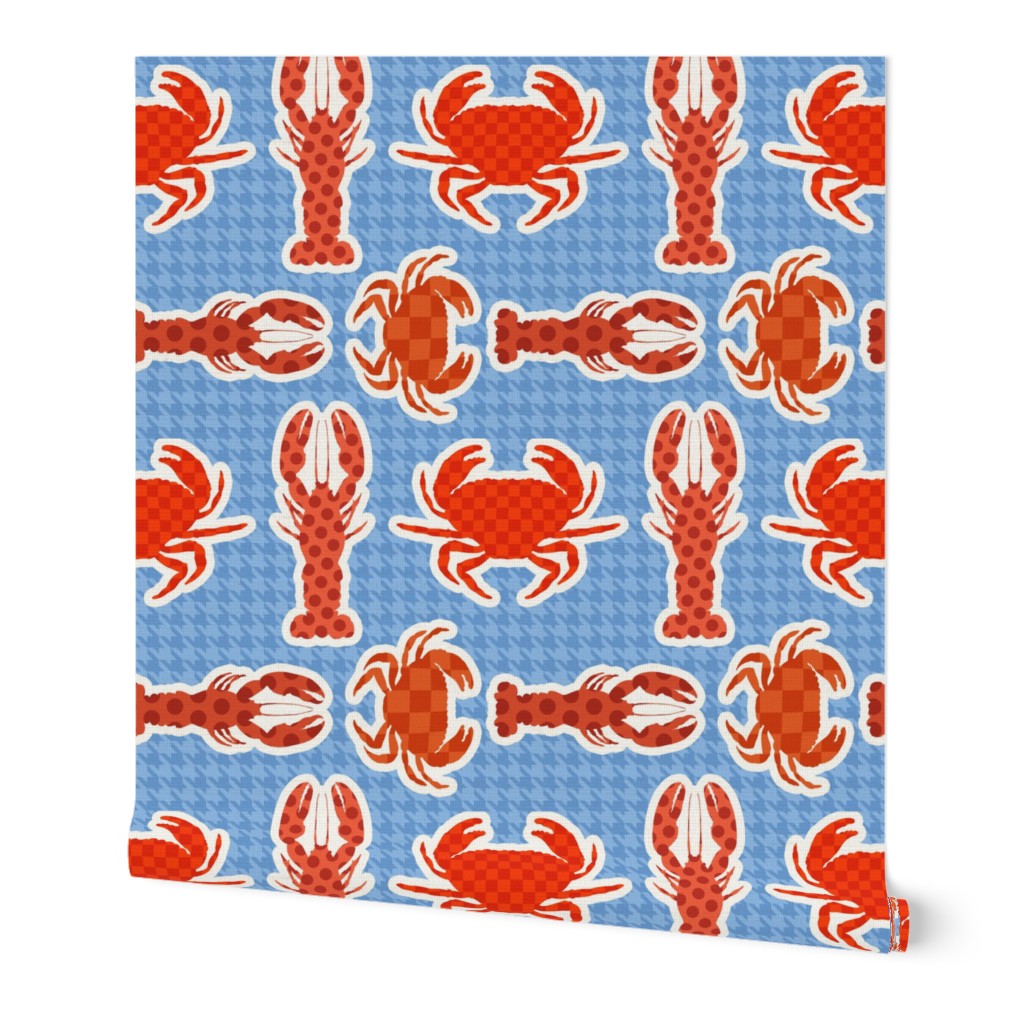 Crabs and Lobsters, Bold Pop Art Maximalism Pattern, Clash of Patterns: Houndstooth, Polka Dots and Checkerboard