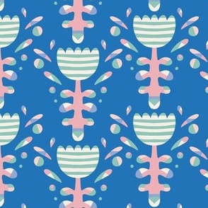 Small -modern scandi floral for girls. Bright, happy tulip flowers with blue base