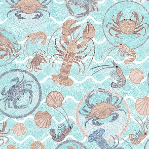 Ocean of Dots with Crabs, Lobsters and Prawns, Blue , Coral Red and Orange on Turquoise Pointillism Waves