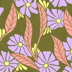 Viveta Groovy Floral Olive green lilac LARGE scale