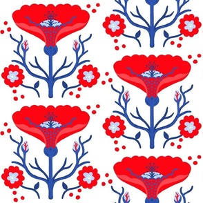 Wake Up Lily Mini Retro Modern Red, White And Blue Garden Flower With Fluffy Mums Illustrated Vertical Grandmillennial Coastal Granny Wallpaper Style Scandi Mid-Century Summer July 4th Patriotic Floral Repeat Pattern