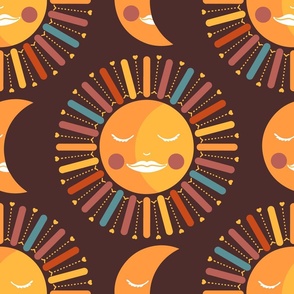 big// 70s sun and moon with rays and hearts Circus brown