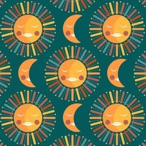 small// 70s sun and moon with rays and hearts Circus Teal green