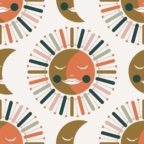 medium// 70s sun and moon with rays and hearts Olive and Orange