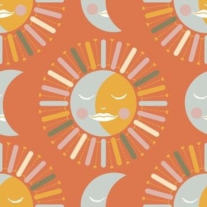 medium// 70s sun and moon with rays and hearts Orange Mint