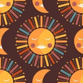 medium// 70s sun and moon with rays and hearts Circus brown