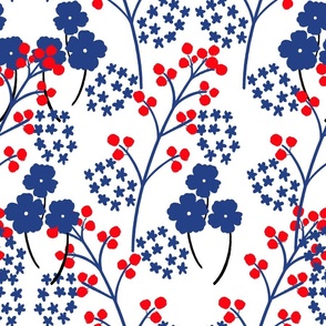Berry Happy Flower Field Red, White, And Blue Retro Modern Grandmillennial Beach Cottage July 4th Summer Swiss Scandi Pastel Bold 70’s Line Art Garden Floral Meadow Ditzy Repeat Pattern
