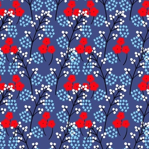 Berry Happy Flower Field Red, White, And Blue Mini Retro Modern Grandmillennial Beach Cottage Navy July 4th Summer Swiss Scandi Pastel Bold 70’s Line Art Garden Floral Meadow Ditzy Repeat Pattern
