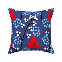 Berry Happy Flower Field Red, White, And Blue Retro Modern Grandmillennial Beach Cottage Navy July 4th Summer Swiss Scandi Pastel Bold 70’s Line Art Garden Floral Meadow Ditzy Repeat Pattern