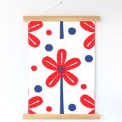 Windmill Flowers Red White And Blue USA Patriotic Flag Colors Independence Day July 4th Picnic Party Celebration Retro Modern Scandi Half-Drop Daisy Garden And Polka Dot Floral Pattern