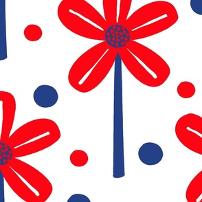 Windmill Flowers Red White And Blue Big Patriotic Flag Colors Independence Day July 4th Picnic Party Celebration Retro Modern Scandi Half-Drop Daisy Garden And Polka Dot 70’s Floral Pattern