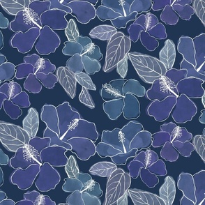 Hibiscus Watercolor Moody Denim Blues with Leaves 300