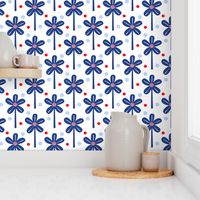 Windmill Flowers Red White And Blue Mini USA Flag Colors Independence Day July 4th Picnic Party Celebration Retro Modern Scandi Half-Drop Daisy Garden And Polka Dot 70’s Floral Pattern