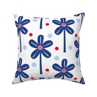 Windmill Flowers Red White And Blue Mini USA Flag Colors Independence Day July 4th Picnic Party Celebration Retro Modern Scandi Half-Drop Daisy Garden And Polka Dot 70’s Floral Pattern