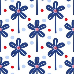 Windmill Flowers Red White And Blue Mini USA Flag Colors Independence Day July 4th Picnic Party Celebration Retro Modern Scandi Half-Drop Daisy Garden And Polka Dot 70’s Floral Pattern