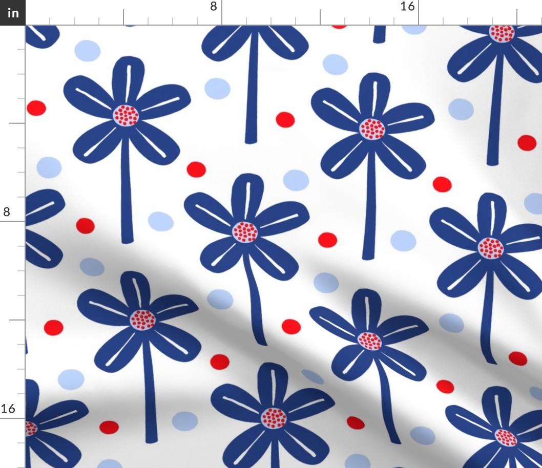 Windmill Flowers Red White And Blue Mini USA Flag Colors Independence Day July 4th Picnic Party Celebration Retro Modern Scandi Half-Drop Daisy Garden And Polka Dot 70’s Floral Pattern