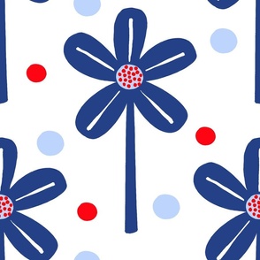 Windmill Flowers Red White And Blue USA Flag Colors Independence Day July 4th Picnic Party Celebration Retro Modern Scandi Half-Drop Daisy Garden And Polka Dot 70’s Floral Pattern