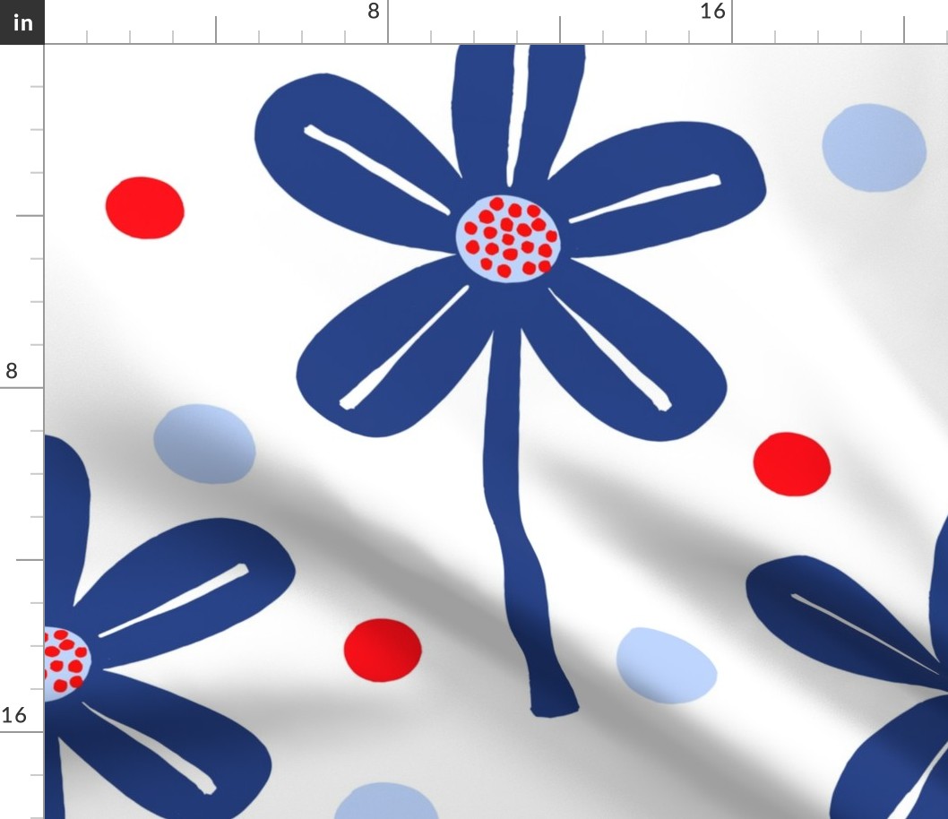 Windmill Flowers Red White And Blue Big USA Flag Colors Independence Day July 4th Picnic Party Celebration Retro Modern Scandi Half-Drop Daisy Garden And Polka Dot 70’s Floral Pattern