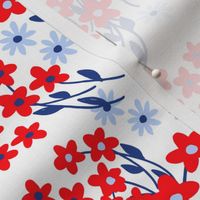 Collegiate Flowers Swirl Red White And Blue Ditzy Garden On White Mini 90’s Retro Modern Scandi Swedish Cheerful Cottagecore 4th Of July Coastal Granny Grandmillennial Dorm Bold Colorful Tulips Phlox Summer Floral Repeat Pattern