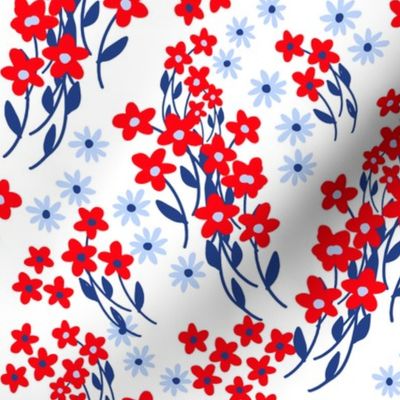 Collegiate Flowers Swirl Red White And Blue Ditzy Garden On White Mini 90’s Retro Modern Scandi Swedish Cheerful Cottagecore 4th Of July Coastal Granny Grandmillennial Dorm Bold Colorful Tulips Phlox Summer Floral Repeat Pattern