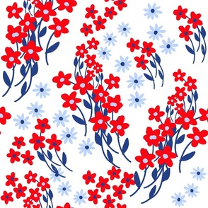 Collegiate Flowers Swirl Red White And Blue Ditzy Garden On White 90’s Retro Modern Scandi Swedish Cheerful Cottagecore 4th Of July Coastal Granny Grandmillennial Dorm Bold Colorful Tulips Phlox Summer Floral Repeat Pattern