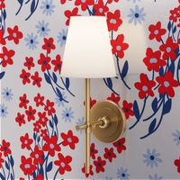 Collegiate Flowers Swirl Red White And Blue Ditzy Garden On White Big 90’s Retro Modern Scandi Swedish Cheerful Cottagecore 4th Of July Coastal Granny Grandmillennial Dorm Bold Colorful Tulips Phlox Summer Floral Repeat Pattern