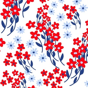 Collegiate Flowers Swirl Red White And Blue Ditzy Garden On White Big 90’s Retro Modern Scandi Swedish Cheerful Cottagecore 4th Of July Coastal Granny Grandmillennial Dorm Bold Colorful Tulips Phlox Summer Floral Repeat Pattern