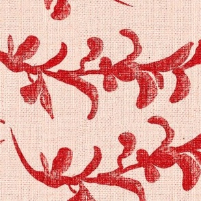 24” repeat handdrawn seaweed tossed and scattered with faux burlap woven texture red hues on pale coral peach