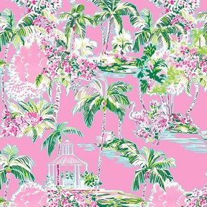Lilly’s Palm Harbor Toile – Azalea Pink  Wallpaper – New 