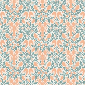 Lobster Lemon Dinner with Shrimps Olives and Dill, block print style food design, teal peach, Large 6in repeat