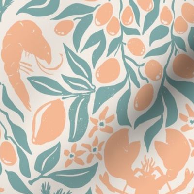 Lobster Lemon Dinner with Shrimps Olives and Dill, block print style food design, teal peach, Jumbo 12in repeat