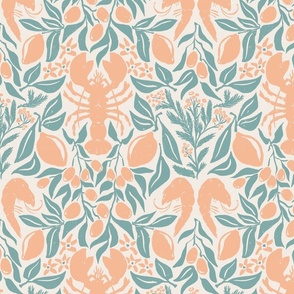 Lobster Lemon Dinner with Shrimps Olives and Dill, block print style food design, teal peach, Jumbo 12in repeat