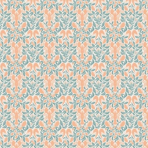 Lobster Lemon Dinner with Shrimps Olives and Dill, block print style food design, teal peach, Medium 4in repeat