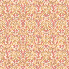 Lobster Lemon Dinner with Shrimps Olives and Dill, block print style food design, orange pink, medium 4in repeat