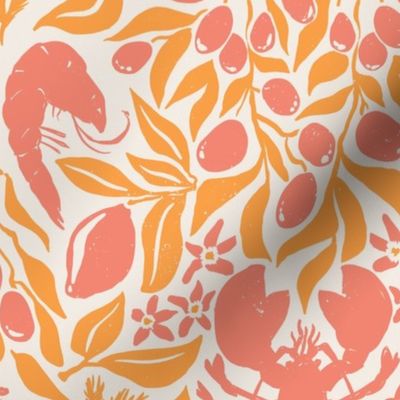 Lobster Lemon Dinner with Shrimps Olives and Dill, block print style food design, orange pink, Jumbo 12in repeat