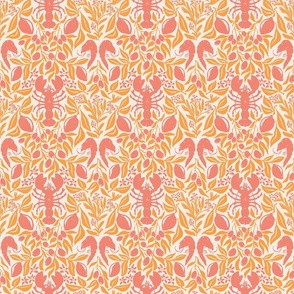 Lobster Lemon Dinner with Shrimps Olives and Dill, block print style food design, orange pink, large 6in repeat