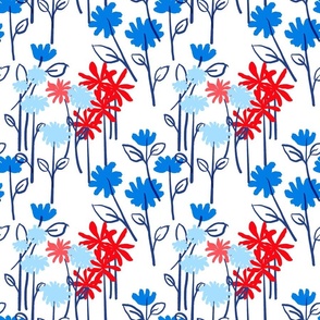 Maisy Daisy Garden Flower Field Red, White And Blue Mini Dandelion, Prairie Rose And Daisy Floral 70’s Blooms July 4th Ditzy Summer Botany Hand-Drawn Illustration Repeat Pattern