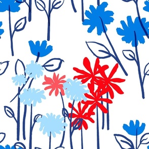 Maisy Daisy Garden Flower Field Red, White And Blue Dandelion, Prairie Rose And Daisy Floral 70’s Blooms July 4th Ditzy Summer Botany Hand-Drawn Illustration Repeat Pattern