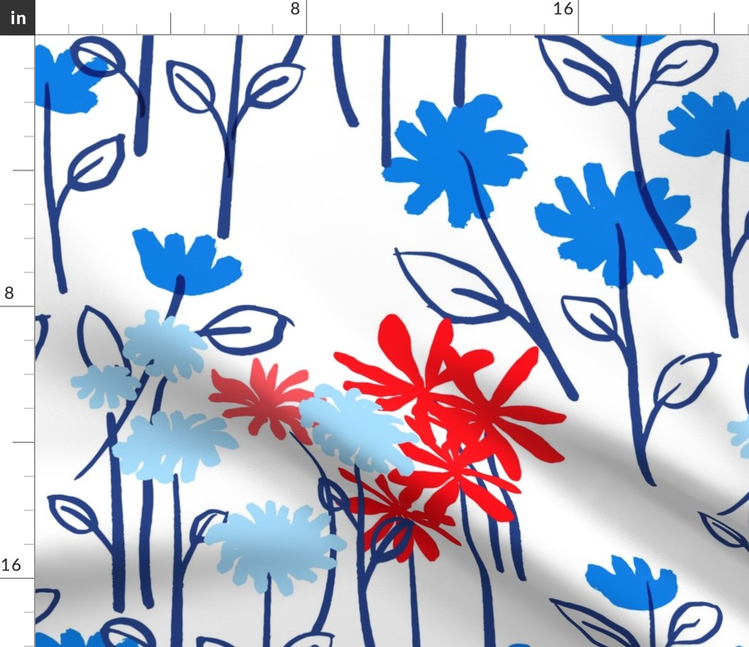 Maisy Daisy Garden Flower Field Red, White And Blue Dandelion, Prairie Rose And Daisy Floral 70’s Blooms July 4th Ditzy Summer Botany Hand-Drawn Illustration Repeat Pattern