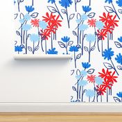 Maisy Daisy Garden Flower Field Red, White And Blue Big Dandelion, Prairie Rose And Daisy Floral 70’s Blooms July 4th Ditzy Summer Botany Hand-Drawn Illustration Repeat Pattern