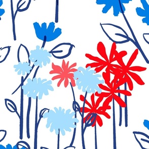Maisy Daisy Garden Flower Field Red, White And Blue Big Dandelion, Prairie Rose And Daisy Floral 70’s Blooms July 4th Ditzy Summer Botany Hand-Drawn Illustration Repeat Pattern
