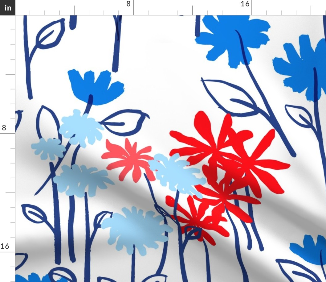 Maisy Daisy Garden Flower Field Red, White And Blue Big Dandelion, Prairie Rose And Daisy Floral 70’s Blooms July 4th Ditzy Summer Botany Hand-Drawn Illustration Repeat Pattern