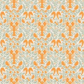 Lobster Lemon Dinner with Shrimps Olives and Dill, block print style food design, orange  green, Large 6in repeat